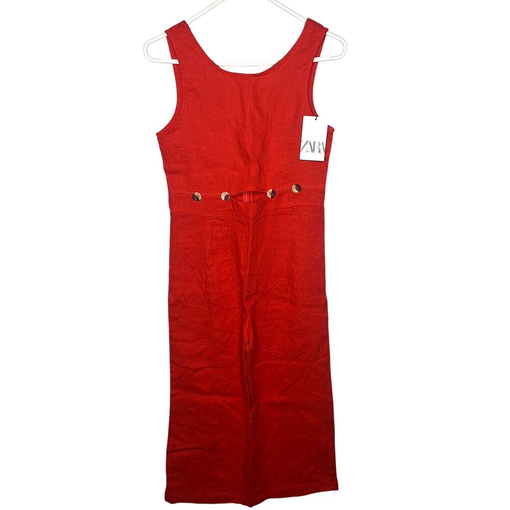 Zara Girls 100% Linen Jumpsuit 11-12 yrs Tomato Red Wide Leg Sleeveless NEW